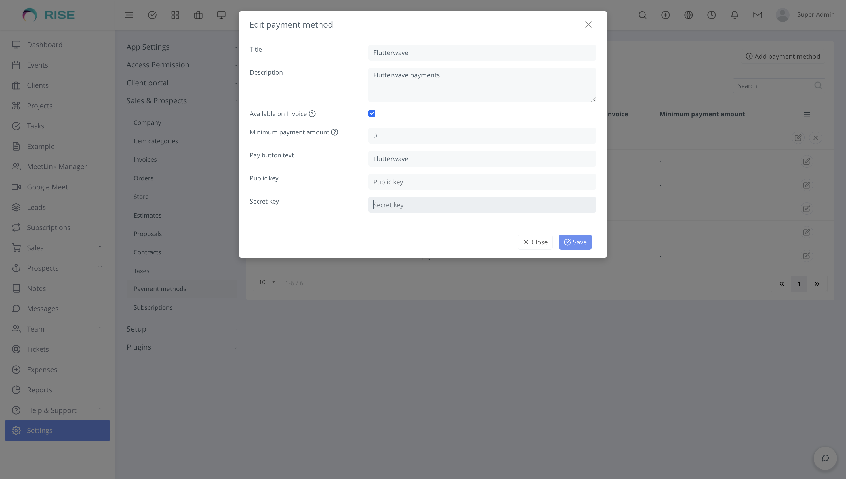 Flutterwave Payment Gateway for RISE CRM